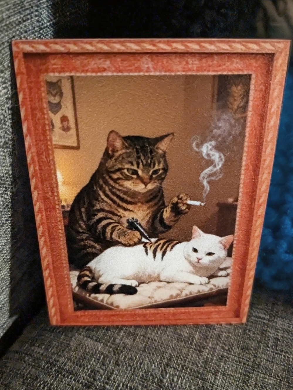Whimsical Cat Art Print Magnet with Brown Frame - Playful Feline Scene